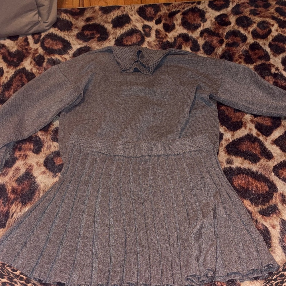 Womens Grey Knit Pleated skirt and sweater set